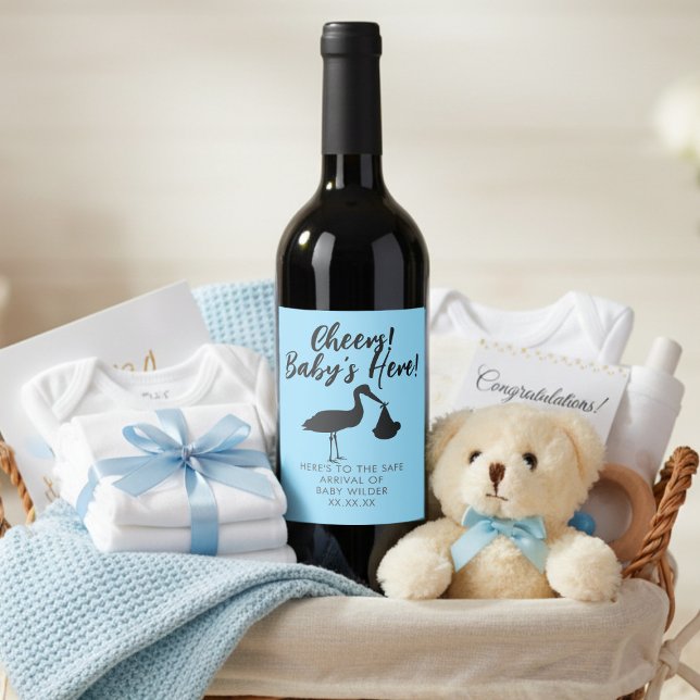 Bouche et bébé Cheers Étiquette de vin bleu (Cheers! Baby's Here! A cute blue wine bottle label just for you)