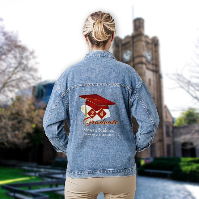 Bouchon rouge or personnalisé (Graduation Cap Red Gold Personalized Denim Jacket)