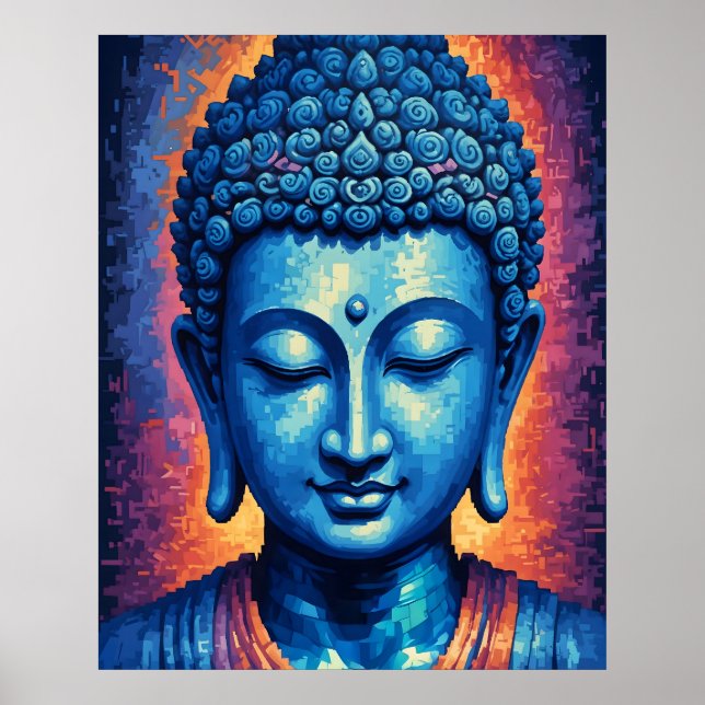 Bouddha Bleu Poster d'Art moderne Pixel Abstrait (Devant)
