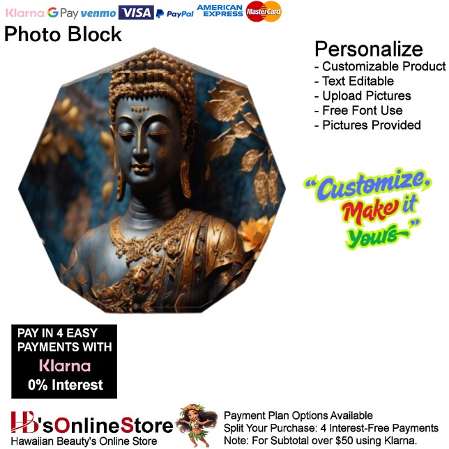Bouddha Octagon Bloc photo (Buddha Octagon Black Gold Floral Background Photo Block.)