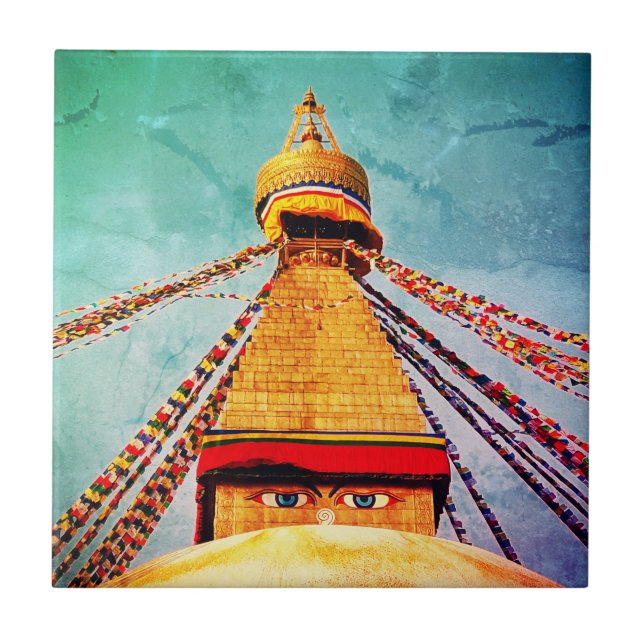 Boudhanath Stupa, Buddha Eyes, Kathmandu, Nepal Tile (Front)