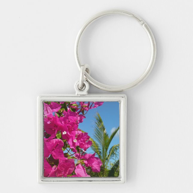 Bougainvillea and Palm Tree Tropical Nature Scene Keychain (Front)