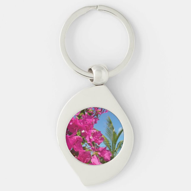 Bougainvillea and Palm Tree Tropical Nature Scene Keychain (Front)