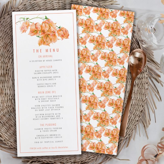 Bougainvillea apricot orange watercolor wedding menu (Creator Uploaded)
