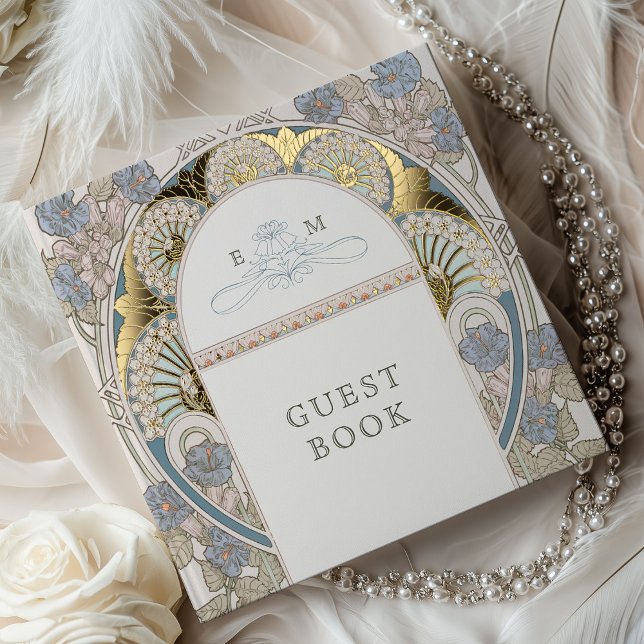 Bougainvillea Blue Gold Wedding Art Nouveau Guest Book (Creator Uploaded)