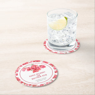 Bougainvillea botancial red watercolor wedding round paper coaster