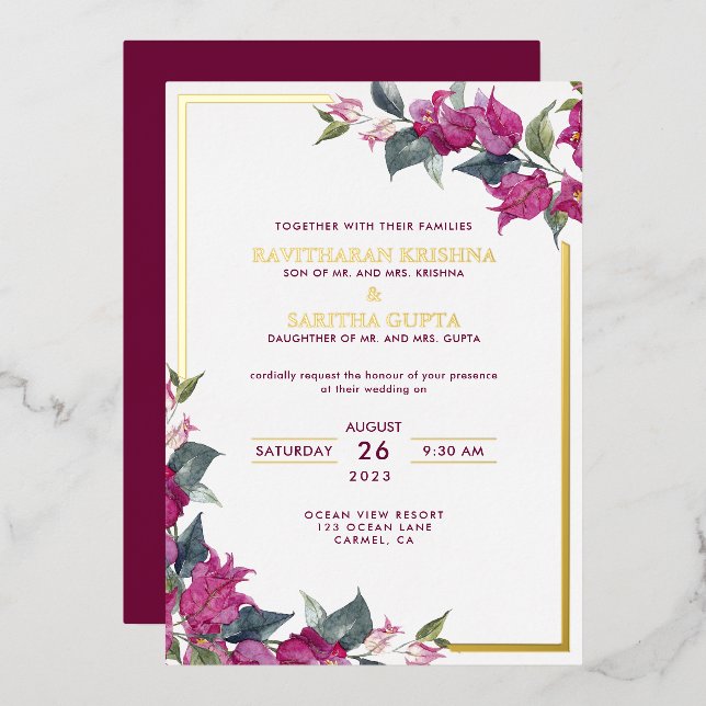 Bougainvillea Burgundy Pink Floral Wedding Foil In (Front/Back)