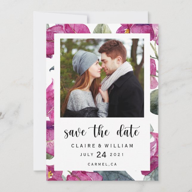 Bougainvillea Floral Photo Save the Date Card (Front)