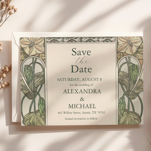 Bougainvillea Green Art Nouveau Mucha Wedding Save The Date (Creator Uploaded)