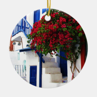 Bougainvillea growing on house in Mykonos, Greece Ceramic Ornament