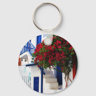 Bougainvillea growing outside a house, Mykonos Keychain