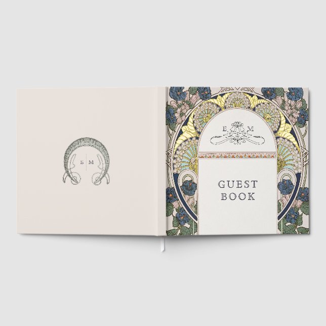 Bougainvillea Navy Blue Gold Wedding Art Nouveau Guest Book (Full)