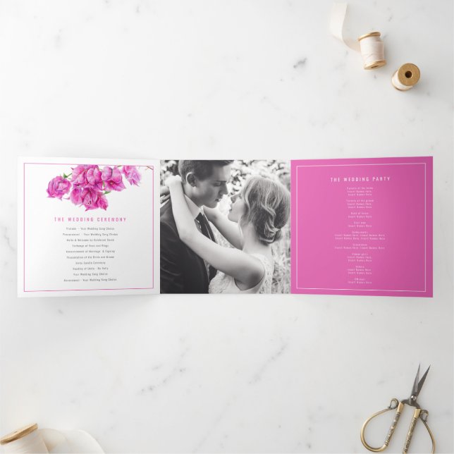 Bougainvillea pink flowers watercolor wedding Tri- Tri-Fold Programme (Inside)