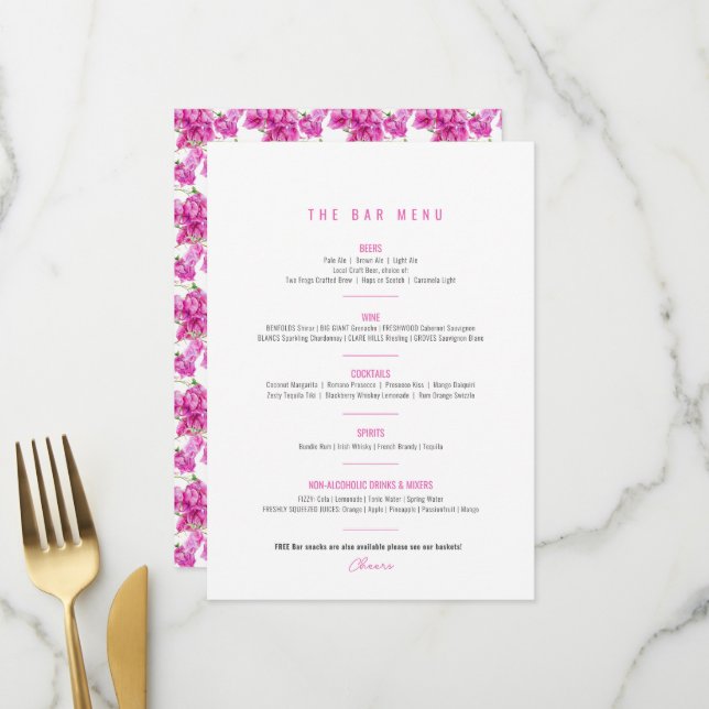 Bougainvillea pink purple watercolor wedding bar menu (Front/Back In Situ)
