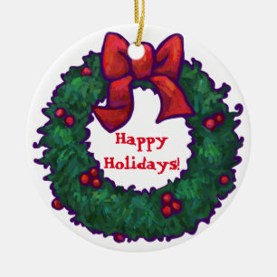 Boughs of Holly Happy Holidays Ceramic Ornament