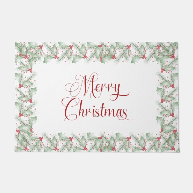 Boughs of Holly Leaves and Lush Red Berries Doormat (Front)