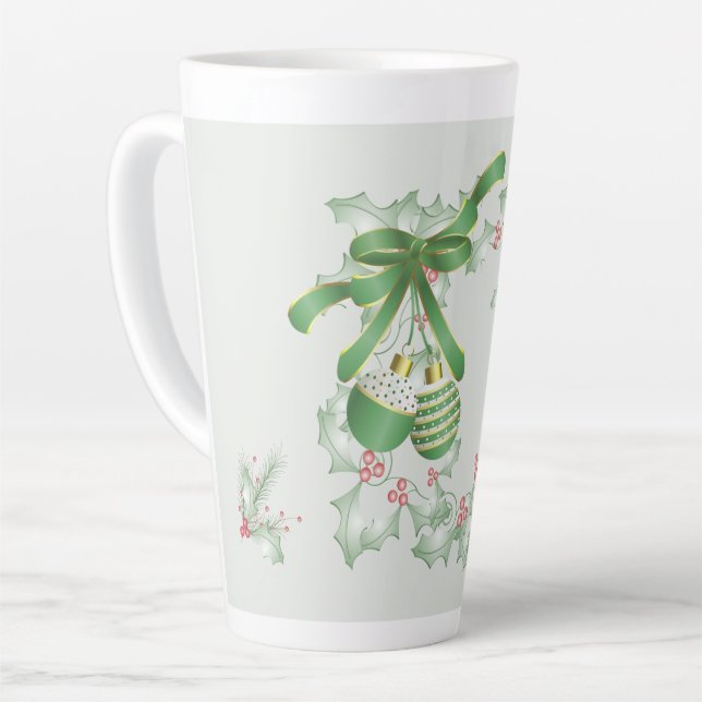 Boughs of Holly Light Green Pink Christmas Latte Mug (Left Angle)