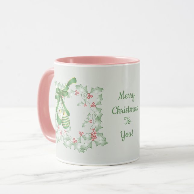Boughs of Holly Light Green Pink Christmas Mug (Front Left)