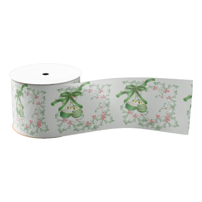 Boughs of Holly Light Green Pink Grosgrain Ribbon (Spool)