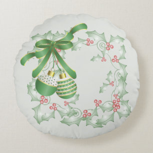 Boughs of Holly Light Green Pink Round Pillow
