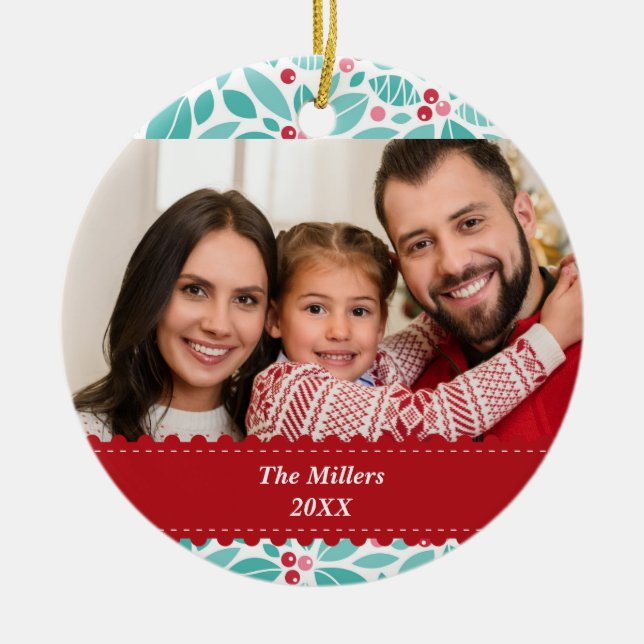 Boughs of Holly Red Ribbon Custom Photo Ceramic Ornament (Front)