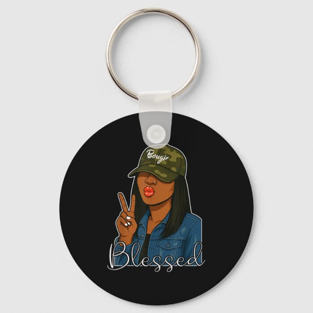 Bougie Blessed Camo Hat Christian Black Woman  Keychain (Front)