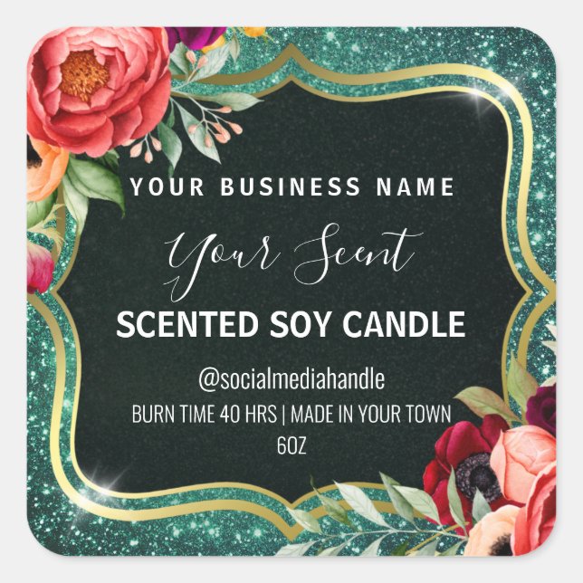 Bougie De Soja Parfumée Turquoise Et Or Étiquettes (Devant)