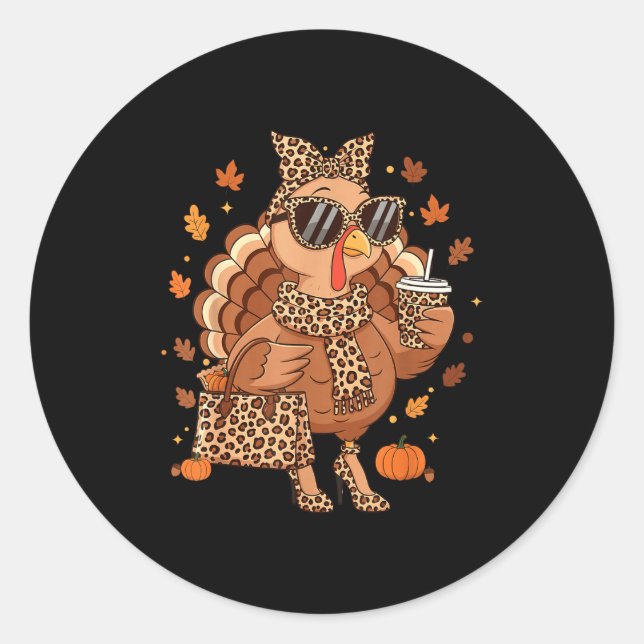 Boujee Turkey Leopard Preppy Fall Thanksgiving Pum Classic Round Sticker (Front)