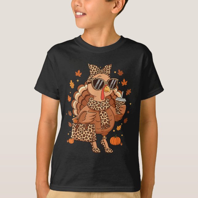 Boujee Turkey Leopard Preppy Fall Thanksgiving Pum T-Shirt (Front)