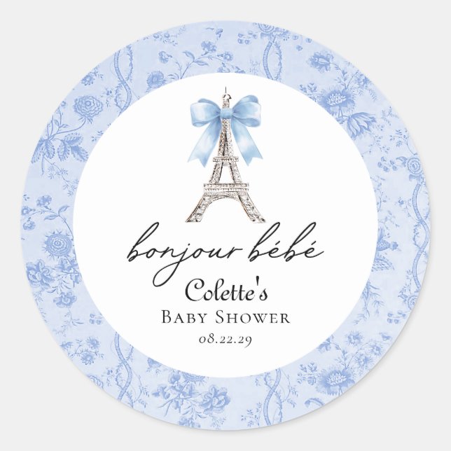 Boujour Bebe Paris French Toile Blue Baby Shower  Classic Round Sticker (Front)