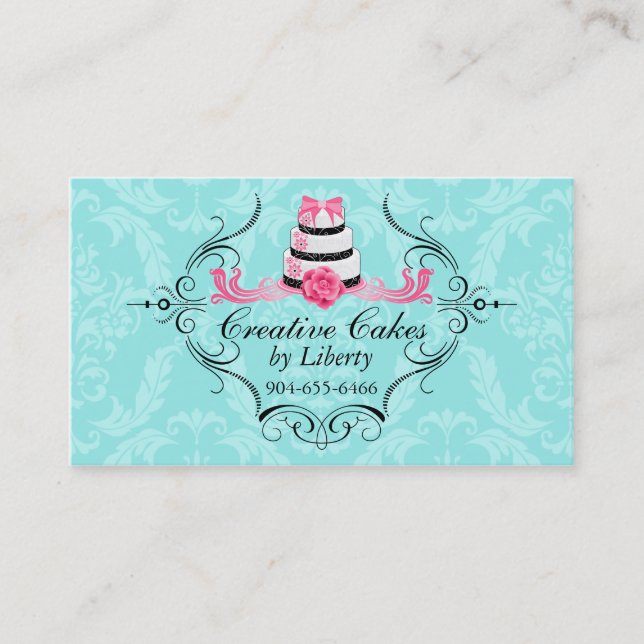Boulangerie de gâteaux Damask Aqua Cartes de visit (Devant)