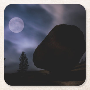 Boulder by Moonlight   Yosemite National Park Square Paper Coaster