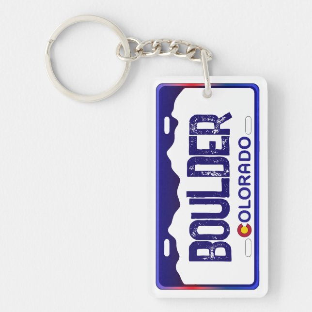 Boulder Colorado blue license plate keychain (Front)