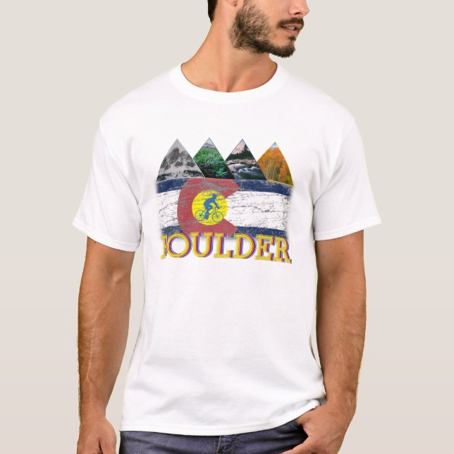 Boulder, Colorado, Distressed Flag, Mountains T-Shirt (Front)