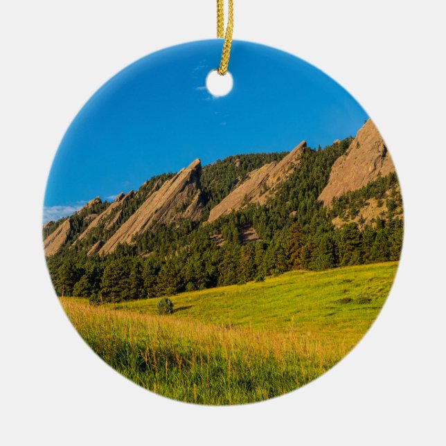 Boulder Colorado Flatirons Sunrise Golden Light Ceramic Ornament (Front)