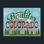 Boulder Colorado Snowy Mountains Postcard<br><div class="desc">Boulder Colorado neo vintage travel poster wall art in cartoon retro style. It features snowy mountains and forest below with fun and happy retro text.</div>