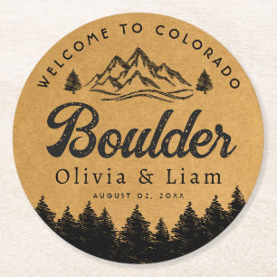 Boulder Colorado Wedding Minimalist Welcome Round Paper Coaster