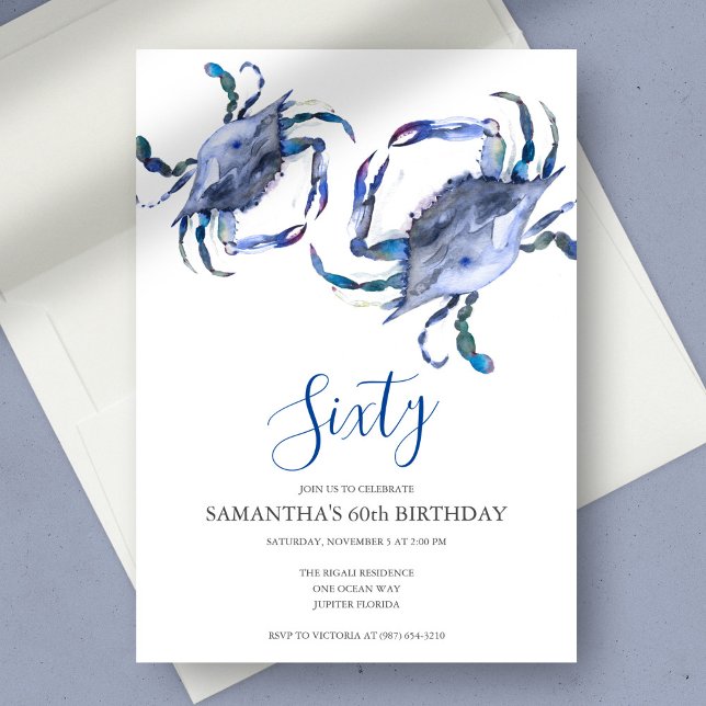 Boule de crabe bleu 60e Invitation anniversaire (60th birthday invitations watercolor blue crab art by Victoria Grigaliunas Do Tell A Belle)
