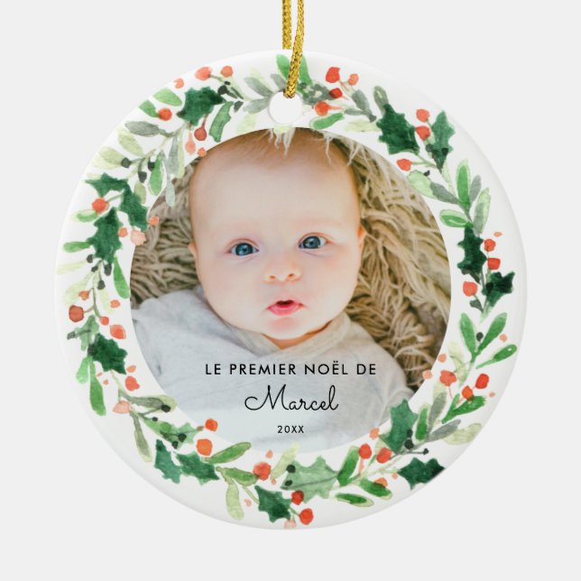 Boule De Noël Personnalisée 1er Noël de Bébé Ceramic Ornament (Front)