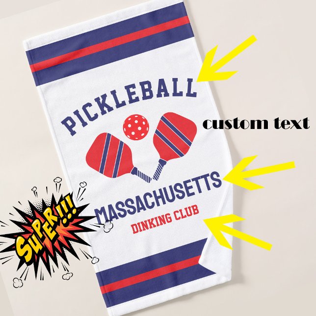 Boule de pickles personnalisable (Customizable pickleball hand towel with blue and red pickleball paddles)