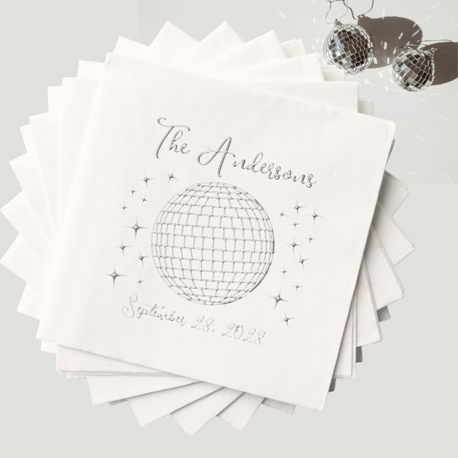 Boule Disco Silver Sparkling Mariage personnalisé (Custom silver foil disco ball wedding napkin. Personalized with your name and wedding date.)