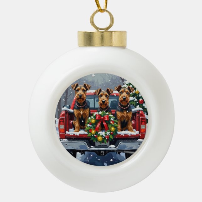 Boule En Céramique Airedale Terrier Christmas Red Truck Holiday (Devant)