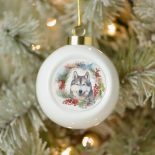 Boule En Céramique Alaskan Malamute Festive de la couronne de Noël