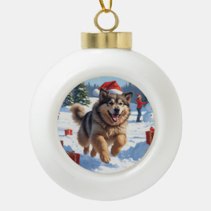 Boule En Céramique Alaskan Malamute Noël Festive Scène de neige