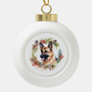 Boule En Céramique Allemand Berger Noël Wreath Festive Pup