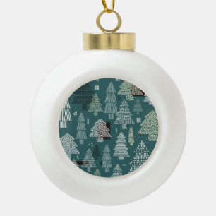 Boule En Céramique Arbres d'hiver, motif vintage de Noël.