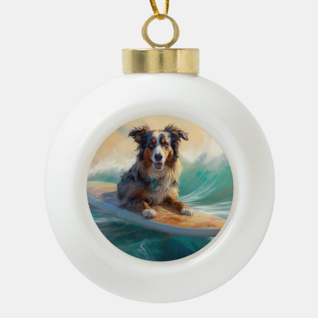 Boule En Céramique Australian Shepherd Beach Surfing Peinture (Devant)