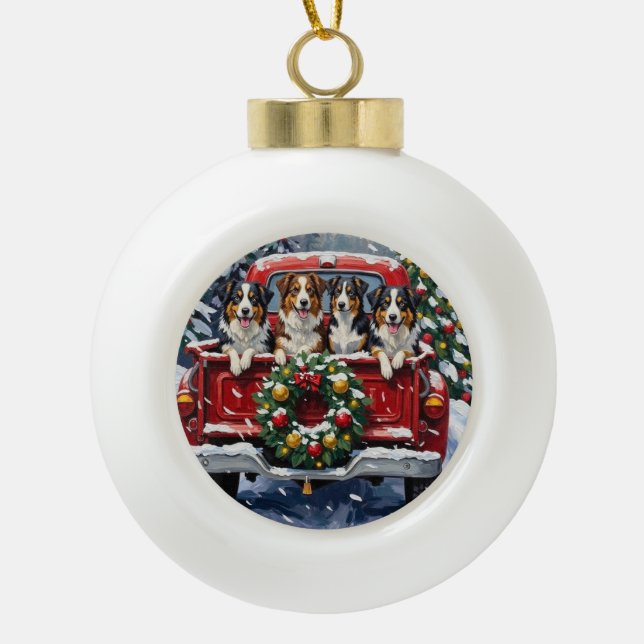 Boule En Céramique Australian Shepherd Christmas Red Truck Holiday (Devant)