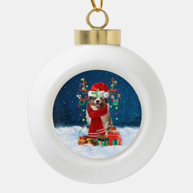 Boule En Céramique Australian Shepherd dog avec cadeaux de Noël (Devant)