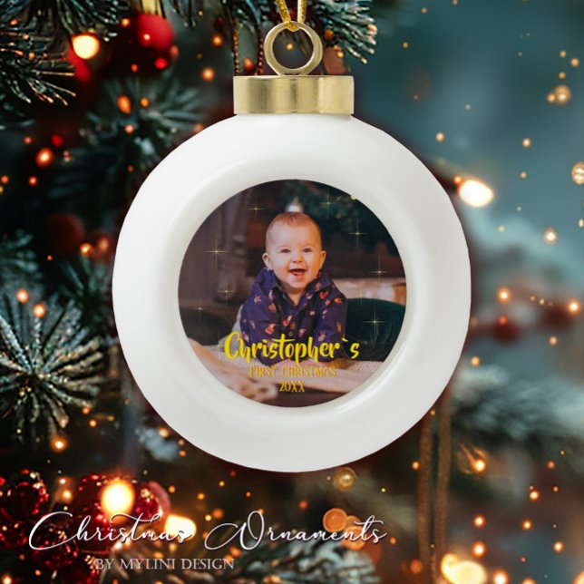 Boule En Céramique Babys First Christmas Gold Sparkle Stars Photo (Créateur téléchargé)